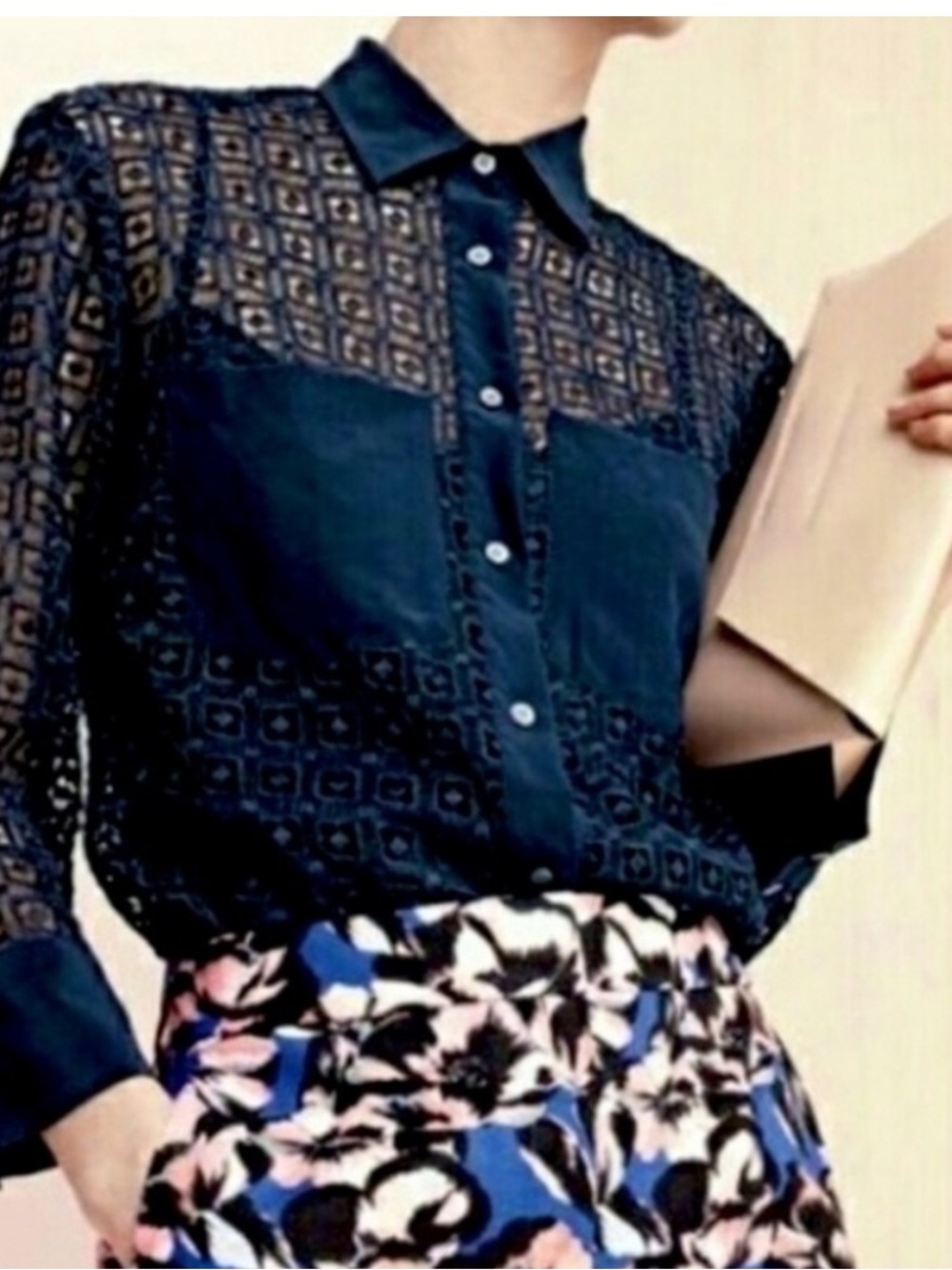 J. Crew • Navy Geometric Lace Button Down Shirt